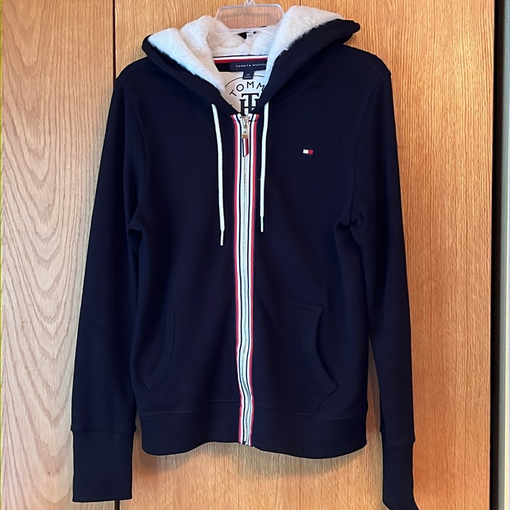 Tommy Hilfiger SMALL French Terry Black Full Zip Hoodie Ribbon Accent EUC